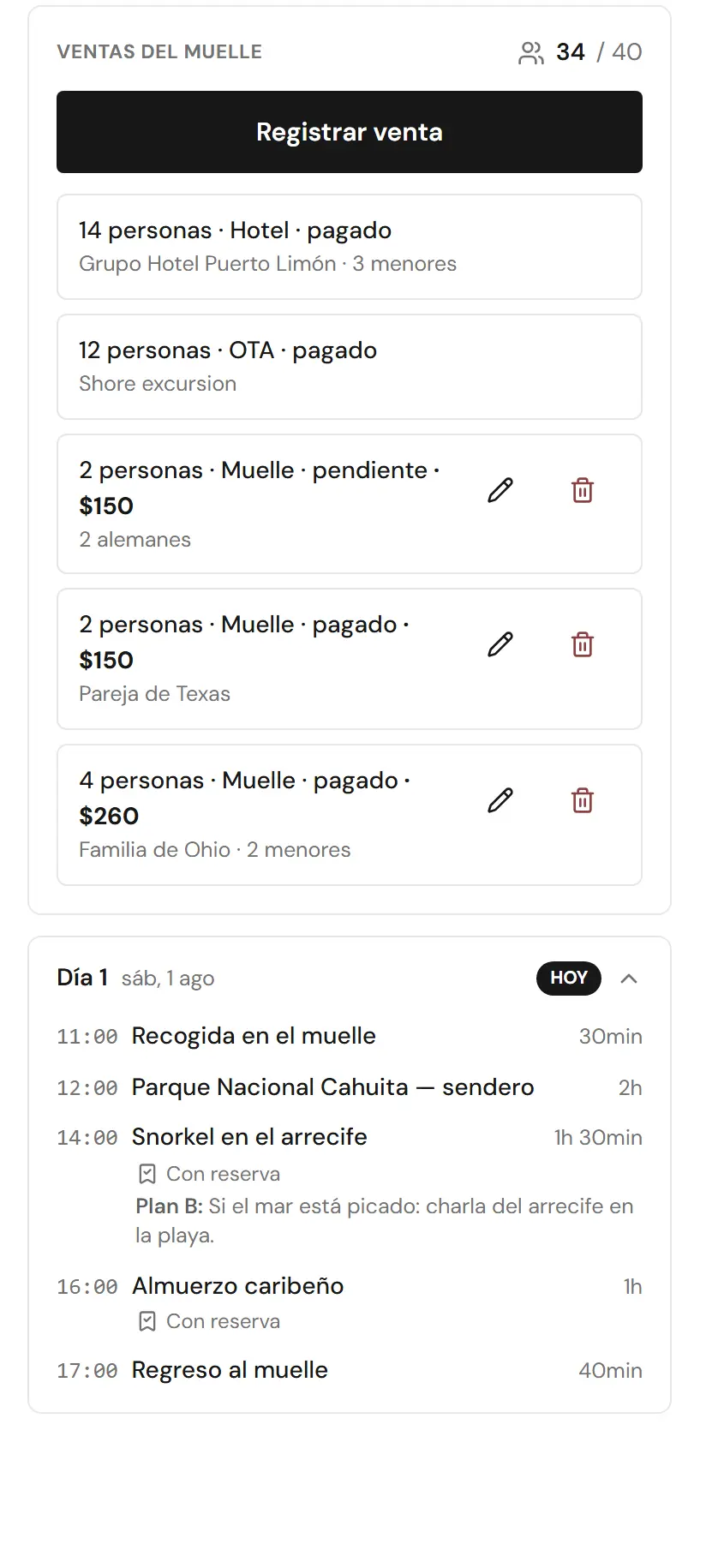 App del guía en el teléfono, con las ventas del muelle del día: cada grupo con sus personas, su canal de venta y si ya pagó