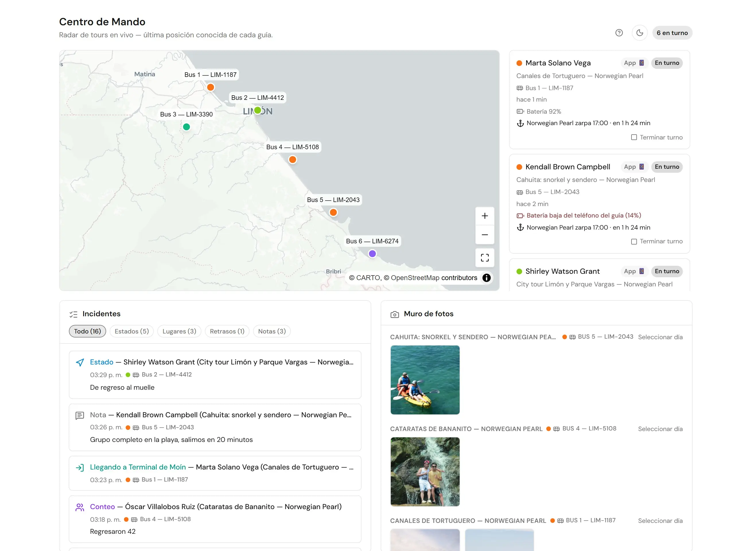 Centro de Mando de Sunrise con seis unidades en turno sobre el mapa de Limón y las tarjetas de cada guía con su batería y la hora de zarpe del barco