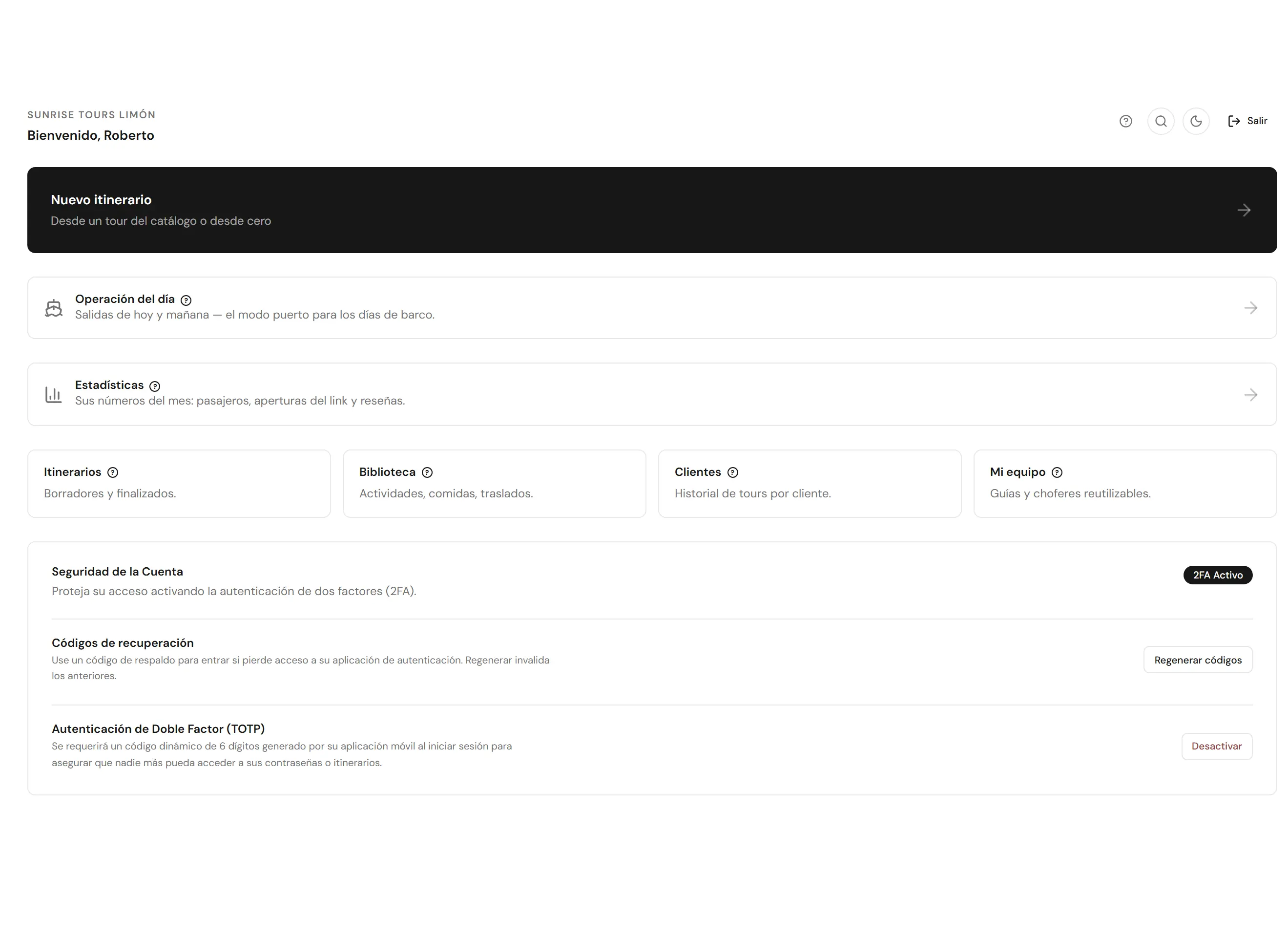 Panel de inicio de Sunrise, con nuevo itinerario, operación del día y estadísticas del mes