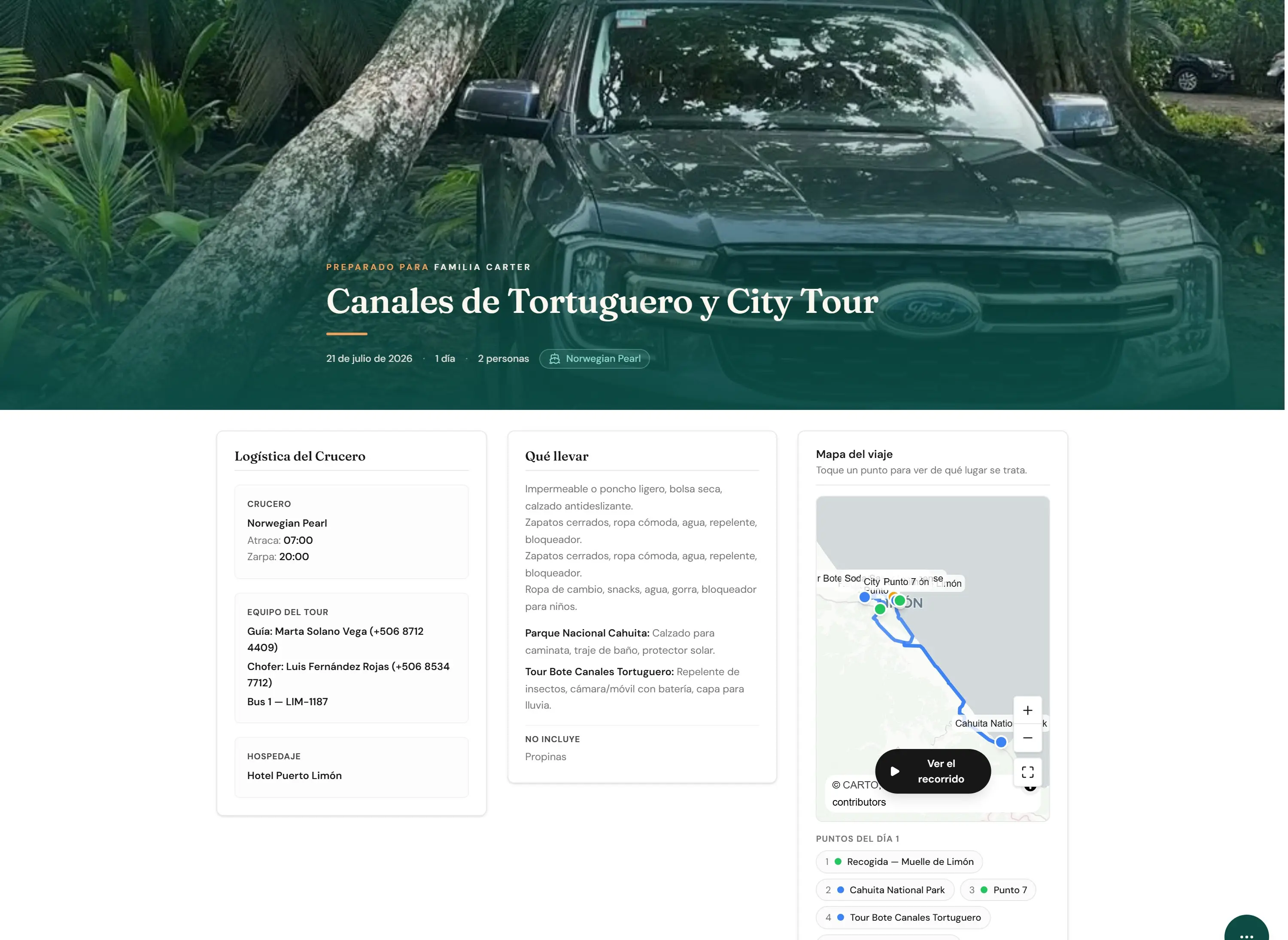 Link del turista con la logística del tour, qué llevar y el mapa del recorrido, uno al lado del otro